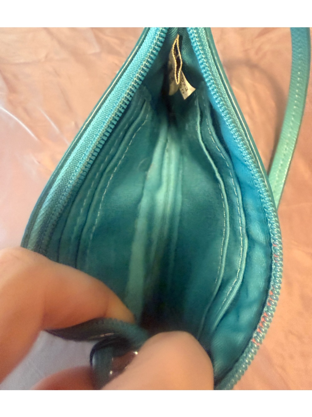 Coach Turquoise Pebbled Leather Wristlet Pouch Zip Top Gold Logo - Picture 4 of 7